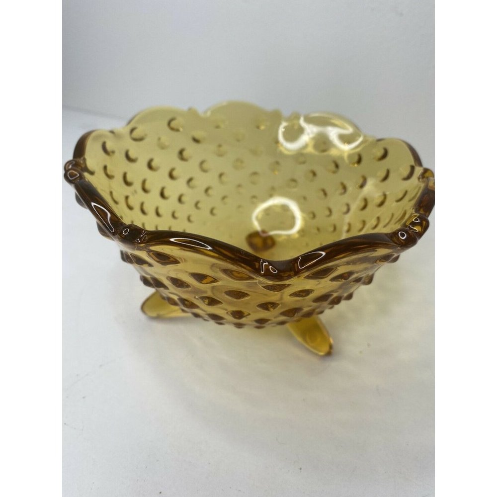 Vintage Amber Glass Hobnail Candy Dish MCM Cut glass Nut bowl Footed